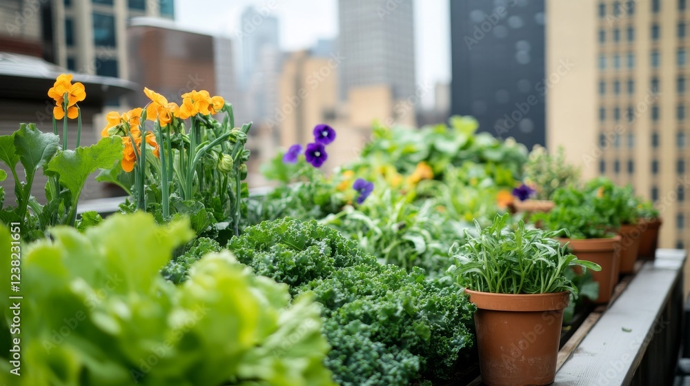 Fototapeta premium Vibrant rooftop garden showcasing a variety of flowering plants and vegetables in an urban setting