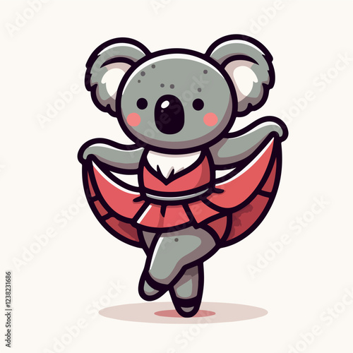 Dancing Koala in Red Tutu: An adorable cartoon koala bear, dressed in a vibrant red tutu, performs a graceful dance pose.