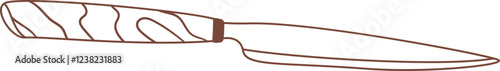 Simple brown line drawing of a wooden handled kitchen knife lying isolated on a white background, ready for use in cooking and food preparation