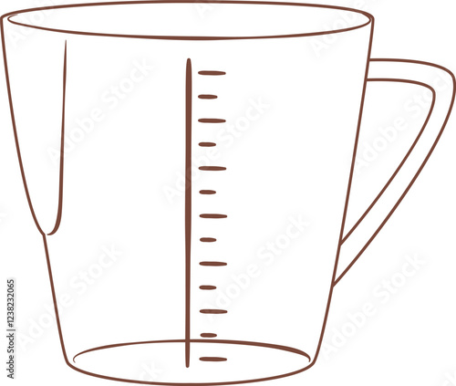 Simple brown line drawing of an empty measuring cup featuring a clear measuring scale, perfect for enhancing recipes, cooking, and baking endeavors in any kitchen