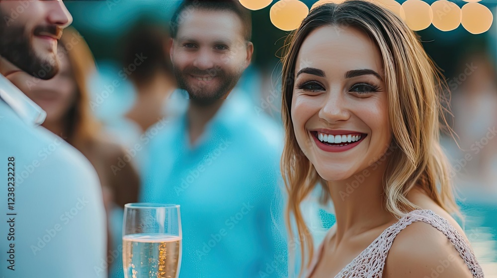 Reunion party idea. A joyful woman smiling while holding a champagne glass at a festive outdoor gathering. Reunion party idea. A joyful woman smiling while holding a champagne glass at a festive outdoor gathering.
