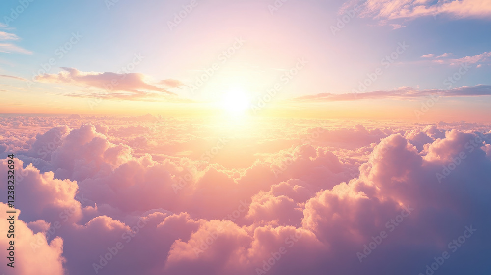 A serene sunrise over fluffy clouds, creating a tranquil and uplifting atmosphere. A serene sunrise over fluffy clouds, creating a tranquil and uplifting atmosphere.