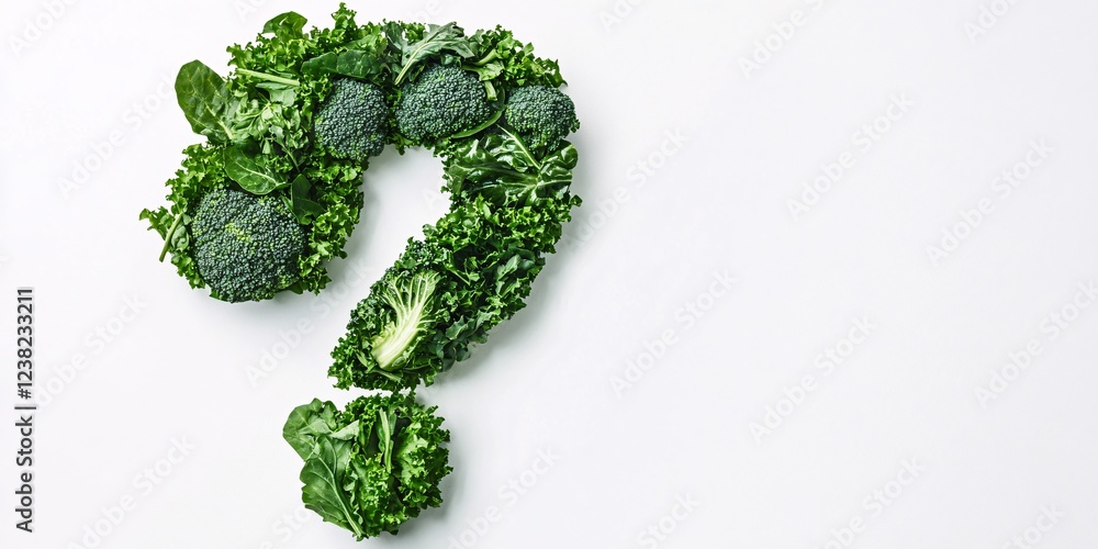 Green question mark made of fresh vegetables on white background, healthy eating, nutrition, organic food concept Green question mark made of fresh vegetables on white background, healthy eating, nutrition, organic food concept