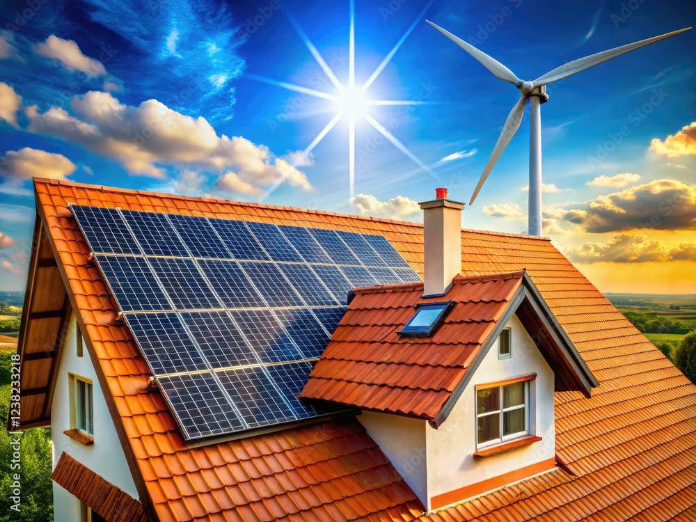 Fototapeta premium Solar panels and wind turbines: clean energy captured in stunning portrait photography.
