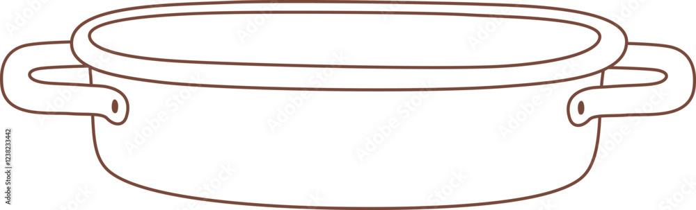 Simple line drawing of an empty oval cooking pot with lid and two handles, brown outline on white background, ideal for recipe books, cooking websites, and kitchen related designs Simple line drawing of an empty oval cooking pot with lid and two handles, brown outline on white background, ideal for recipe books, cooking websites, and kitchen related designs