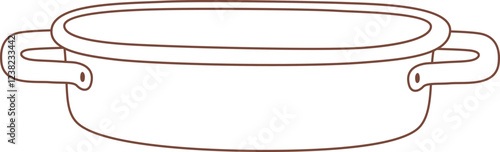 Simple line drawing of an empty oval cooking pot with lid and two handles, brown outline on white background, ideal for recipe books, cooking websites, and kitchen related designs