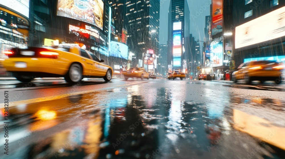 Rainy Night in the City Yellow Taxis Blurred Motion Through City Streets at Night Rainy Night in the City Yellow Taxis Blurred Motion Through City Streets at Night