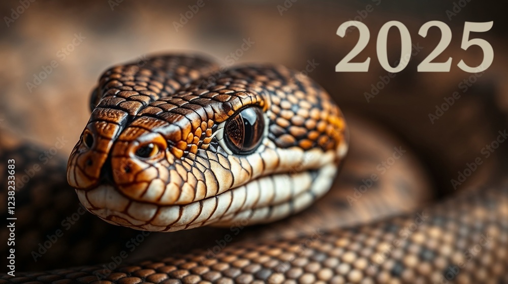 Close-Up of a Coiled Snake with 2025 Numbers for Symbolic and Futuristic Themes Close-Up of a Coiled Snake with 2025 Numbers for Symbolic and Futuristic Themes