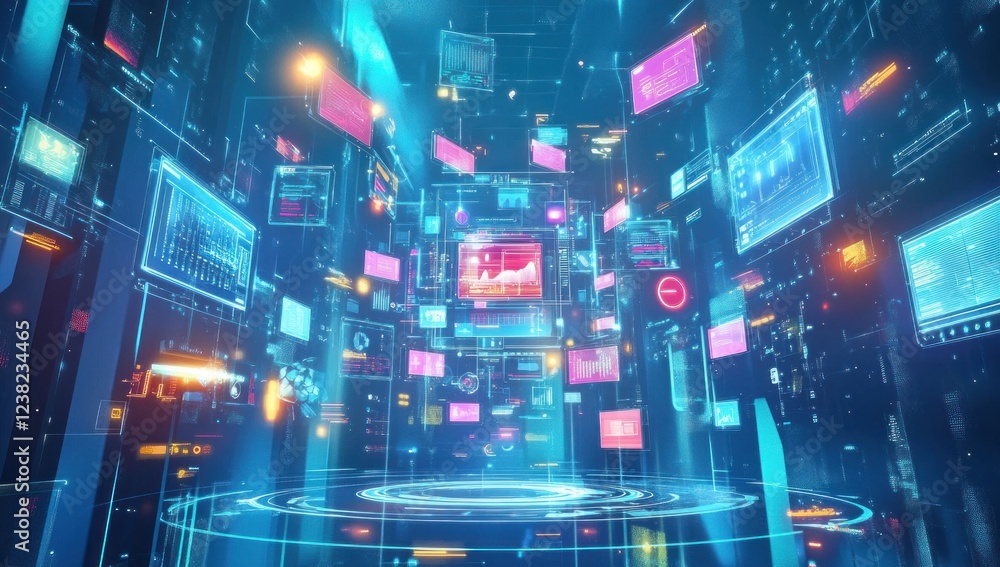 Futuristic digital interface with data streams and holographic displays. Futuristic digital interface with data streams and holographic displays.