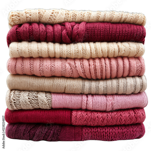 A stack of cozy knitted sweaters in various shades of pink and cream, arranged neatly. Perfect for winter fashion and warmth on chilly days, showcasing texture and color. photo