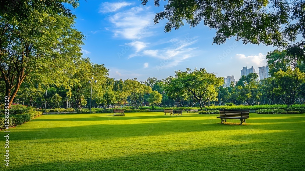 Fototapeta premium spacious city park with vibrant green lawns and scattered benches.
