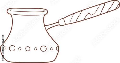 Brown line drawing of a cezve with a long wooden handle, decorated with small circles, used for preparing turkish coffee, representing turkish culture and coffee brewing traditions