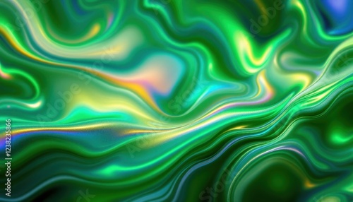 Vibrant green iridescent abstract swirls with fluid dynamic patterns