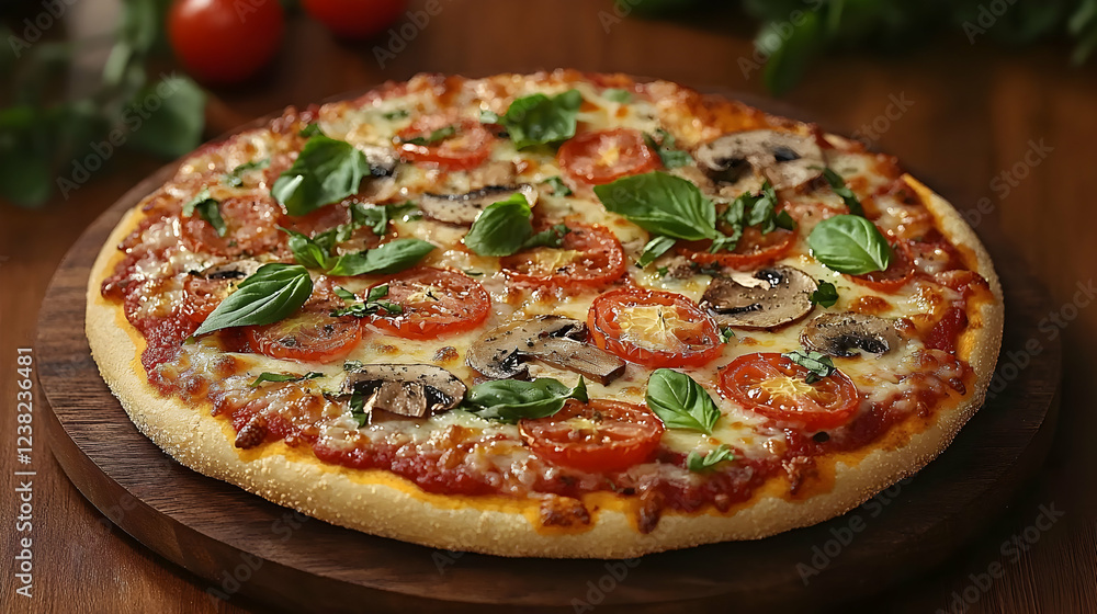 Delicious Pizza: Savory Mushrooms, Tomatoes, Basil Delicious Pizza: Savory Mushrooms, Tomatoes, Basil