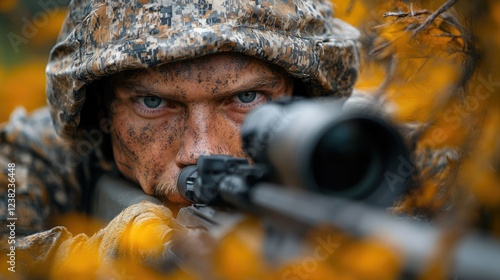 Soldier wearing camouflage focuses on target through a sniper rifle in autumn woods during a tactical exercise