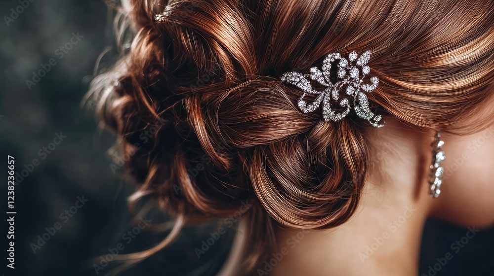 Naklejka premium A close-up of a young woman's hair, styled with a sparkling hair clip in an elegant updo.