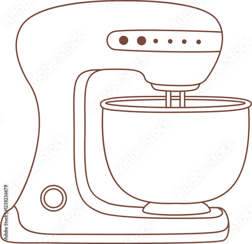 Simple brown line drawing featuring a stand mixer in action, blending ingredients for delicious recipes. Perfect for use in cookbooks, cooking websites, or kitchen themed graphics