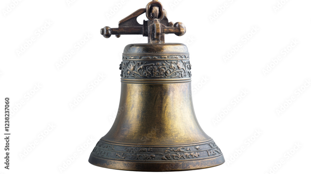 Ornate brass bell isolated on transparent background with clapper
