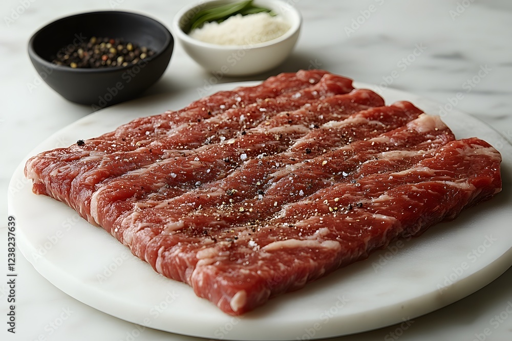Freshly Seasoned Raw Beef Steak on Marble Board for Gourmet Cooking Freshly Seasoned Raw Beef Steak on Marble Board for Gourmet Cooking
