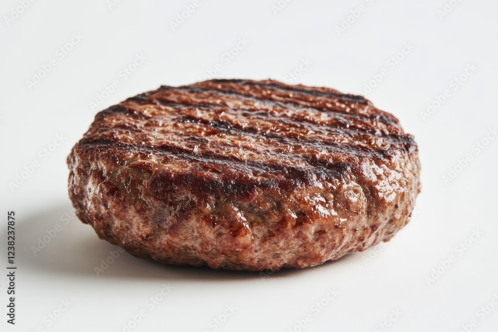 Savory grilled hamburger patty presented on pristine white surface, highlighting delicious textures and details for culinary and food photography enthusiasts Savory grilled hamburger patty presented on pristine white surface, highlighting delicious textures and details for culinary and food photography enthusiasts