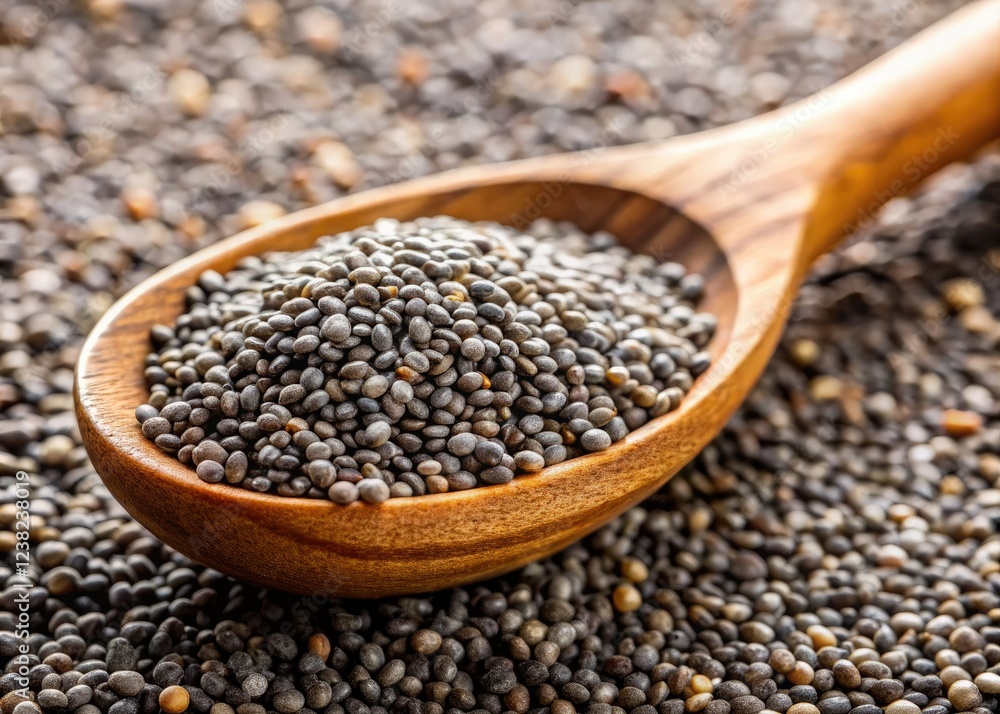 Tiny chia seeds, a macro view, rest in a rustic wooden spoon. Tiny chia seeds, a macro view, rest in a rustic wooden spoon.