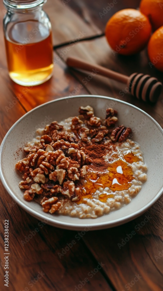 Delicious bowl of oatmeal topped with walnuts and honey for a healthy breakfast Delicious bowl of oatmeal topped with walnuts and honey for a healthy breakfast