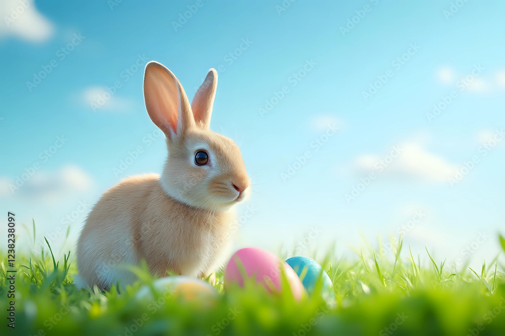 Obraz premium Rabbit and easter eggs in green grass with blue sky