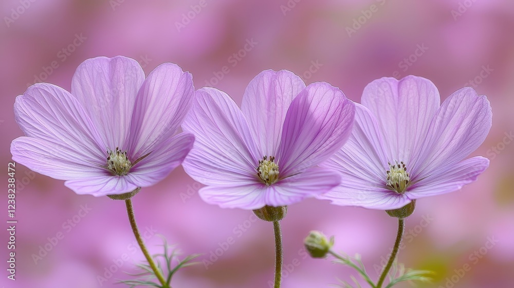 Fototapeta premium Three delicate pink cosmos flowers in bloom against soft background