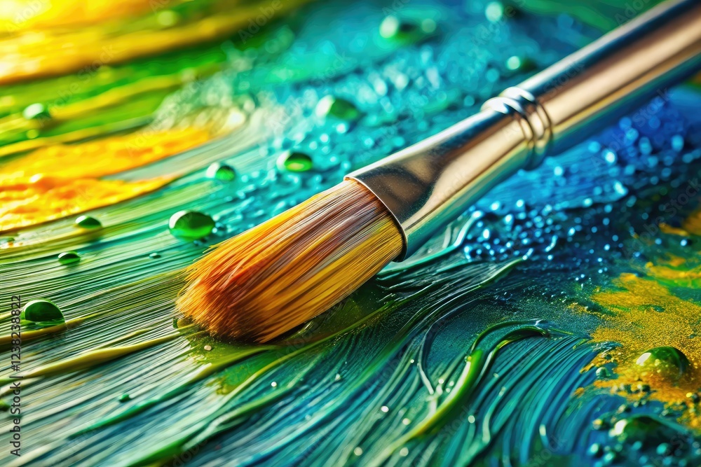 Vibrant acrylics gleam on a colorful canvas; wet paint, studio-shot art supplies. Painting tools shine. Vibrant acrylics gleam on a colorful canvas; wet paint, studio-shot art supplies. Painting tools shine.