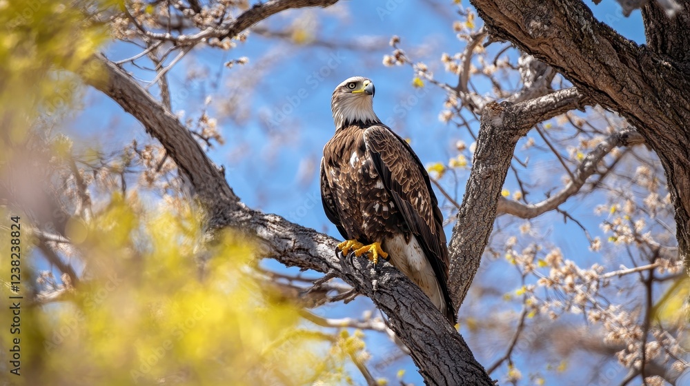 Majestic eagle perched in a tree against a clear blue sky during daylight hours Majestic eagle perched in a tree against a clear blue sky during daylight hours