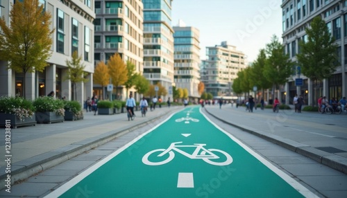 Urban bike path in modern city with pedestrians and cyclists on autumn day