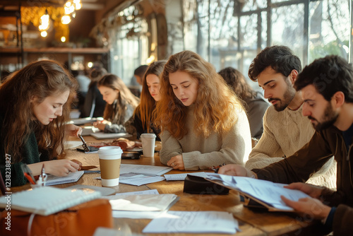 A group of people are sitting around a table in a cafe