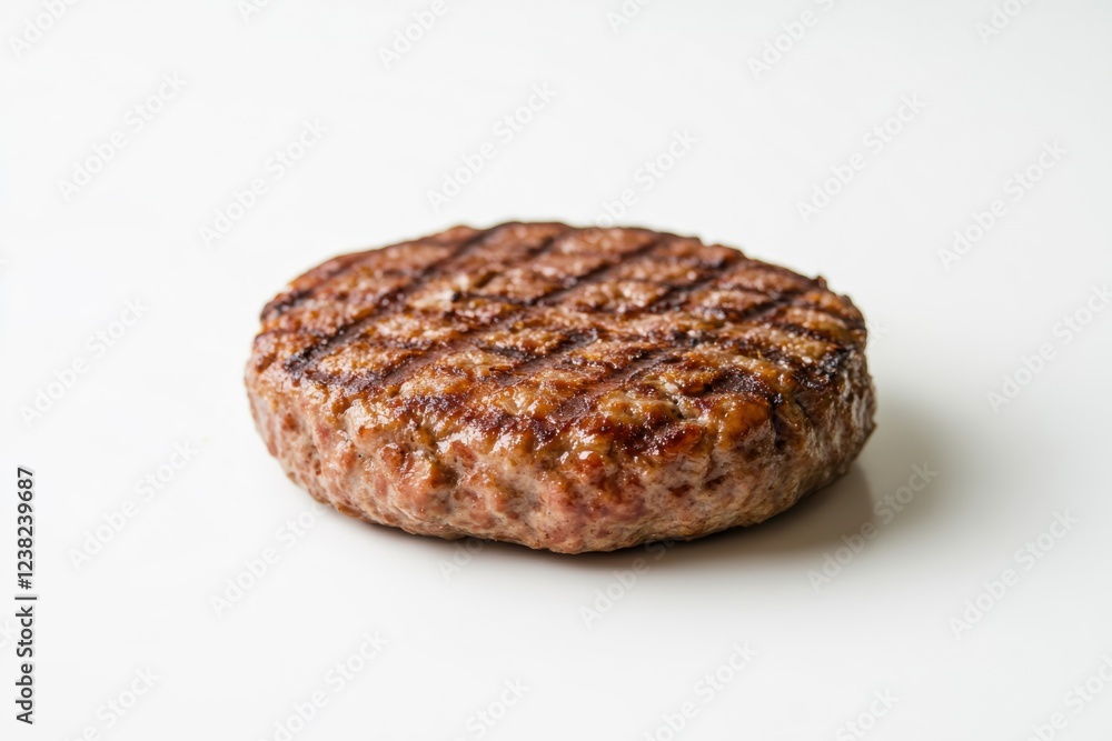 Delicious grilled hamburger patty on a clean white background highlighting rich textures and mouthwatering details for culinary photography enthusiasts Delicious grilled hamburger patty on a clean white background highlighting rich textures and mouthwatering details for culinary photography enthusiasts