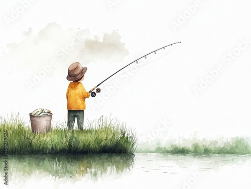 Serene lake fishing, man with bucket enjoys peaceful day outdoors photo