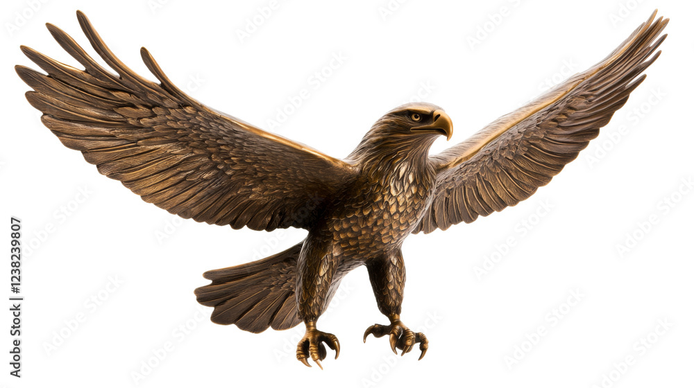 Obraz premium Majestic golden eagle statue with open wings on transparent background