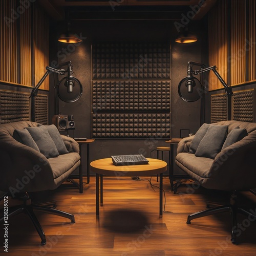 High-end podcast room with luxury materials custom-made furniture and professional setup