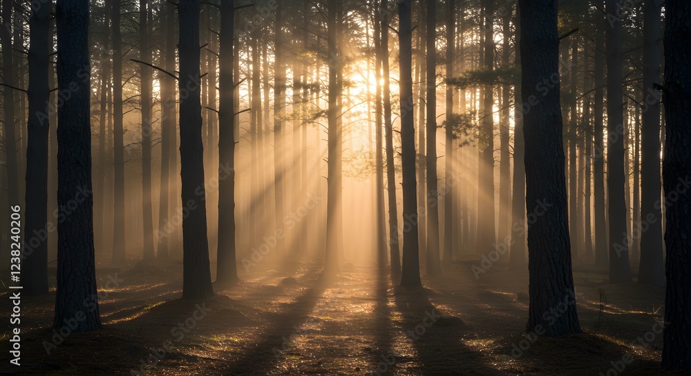 Obraz premium Sunbeams Through Misty Forest Landscape Photography