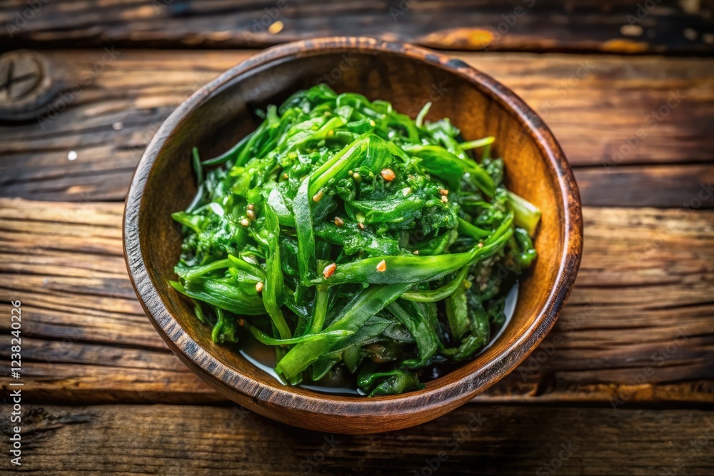 Vibrant wakame salad, a refreshing Japanese delight. Seaweed's emerald glow in a delicious bowl. Vibrant wakame salad, a refreshing Japanese delight. Seaweed's emerald glow in a delicious bowl.
