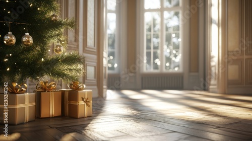 Christmas tree with golden gifts sits near a sunlit window in a classic room. Perfect for holiday cards, websites, or festive advertisements.