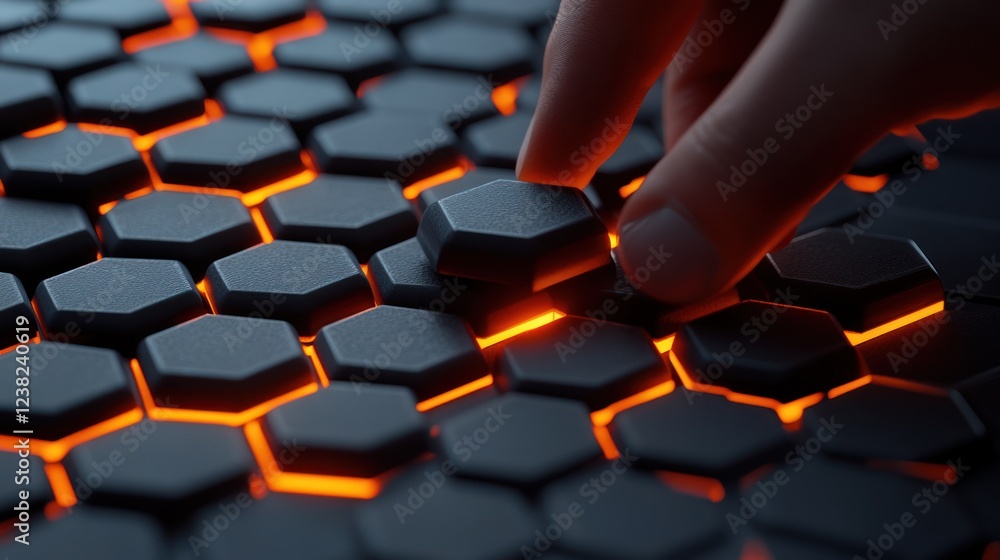 Obraz premium Hand pressing glowing hexagonal tech surface