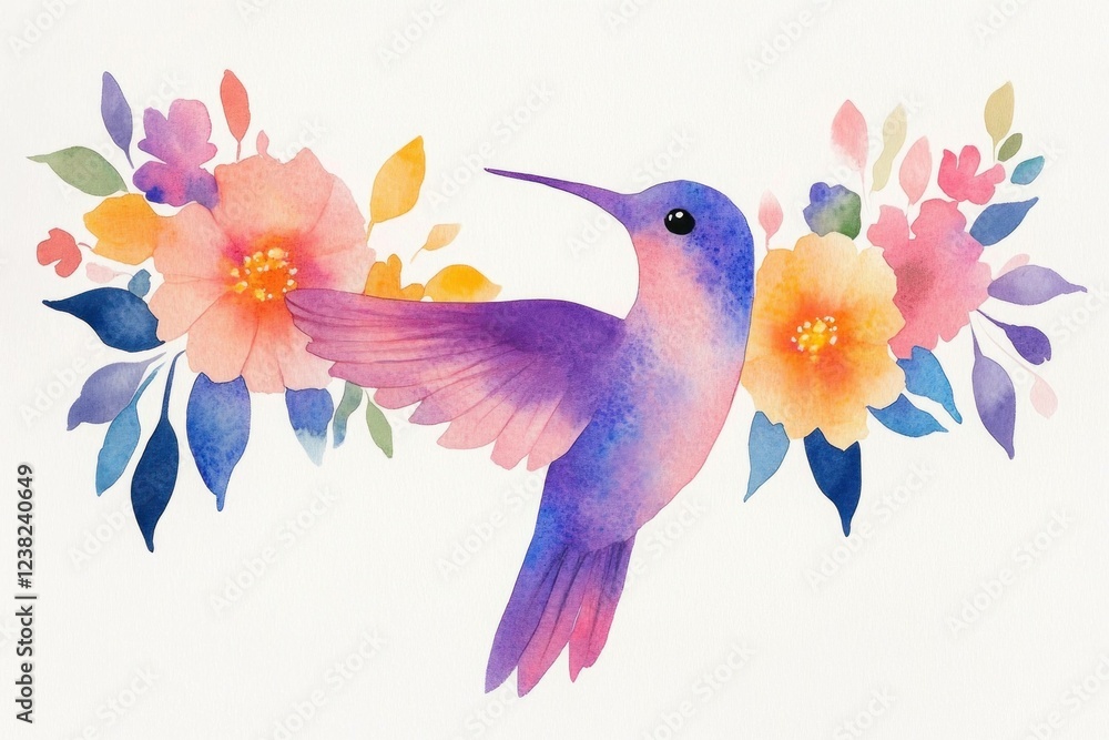 Fototapeta premium Colorful watercolor illustration of a hummingbird surrounded by vibrant flowers in shades of pink, purple, and blue, ideal for nature themed decoration and designs