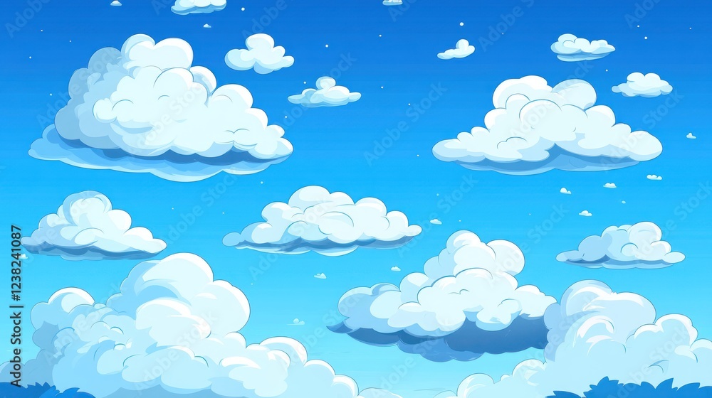 Fluffy clouds float across a bright blue sky, idyllic background for design Fluffy clouds float across a bright blue sky, idyllic background for design