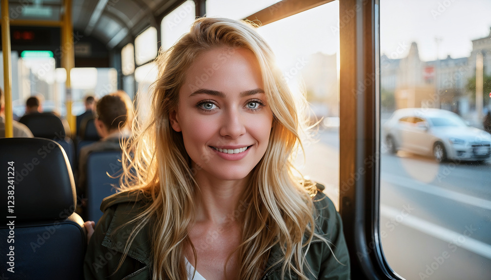 young redhead woman sitting on a bus by the window looks at me and smiles I young redhead woman sitting on a bus by the window looks at me and smiles I