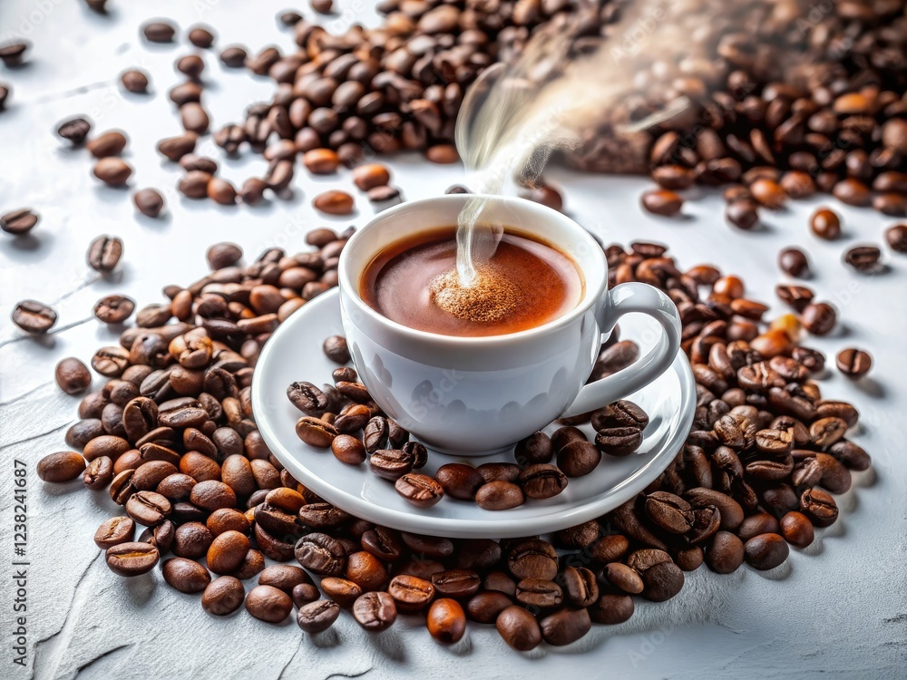 Fototapeta premium White background showcases a coffee cup brimming with beans, promising a morning energy boost.