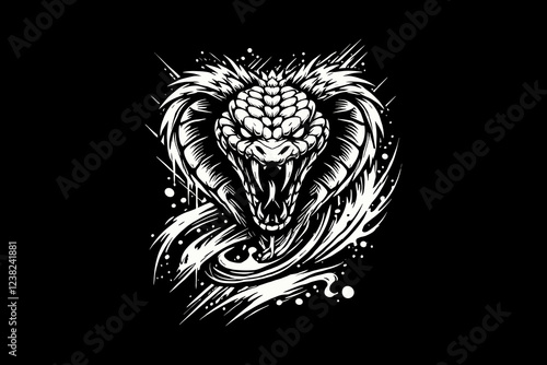 Scary snake head with splash Black And White Design On Black Background