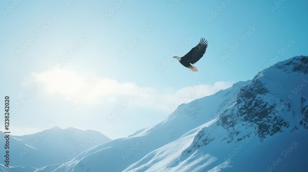 Bald eagle soaring above snow-covered mountains under a clear blue sky during daylight hours Bald eagle soaring above snow-covered mountains under a clear blue sky during daylight hours