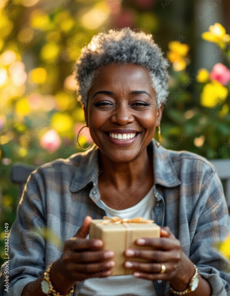 Elderly african female smiling with gift in garden setting Elderly african female smiling with gift in garden setting