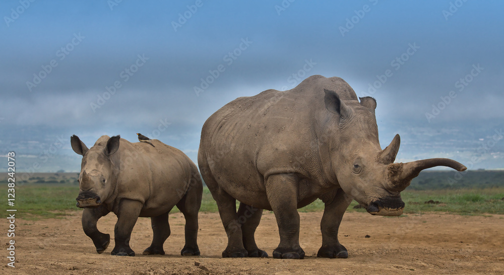 mother southern white rhino and her calf stand alert in the wild plains of solio game reserve, kenya mother southern white rhino and her calf stand alert in the wild plains of solio game reserve, kenya
