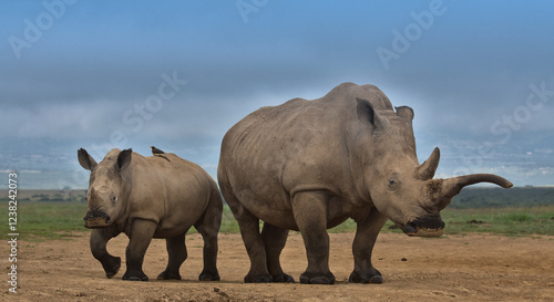 mother southern white rhino and her calf stand alert in the wild plains of solio game reserve, kenya