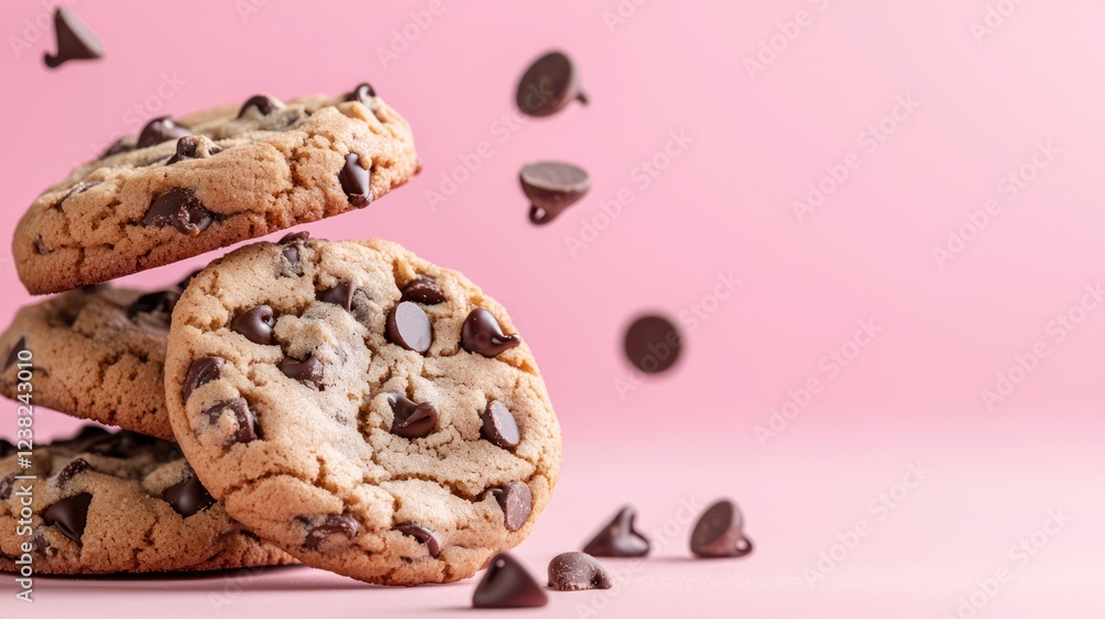 Obraz premium A stack of chocolate chip cookies with chocolate chips scattered against a pink background.